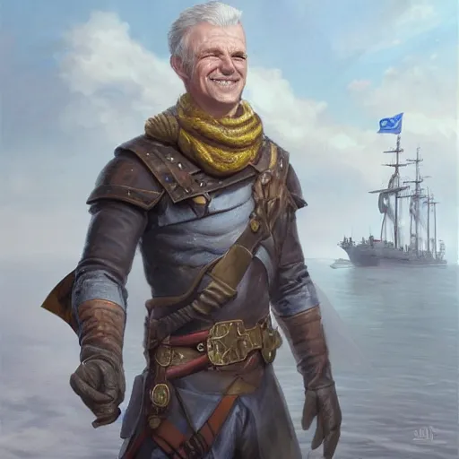 Image similar to grinning white male rogue on ship deck, naval background, fantasy, D&D 5e, 5th edition, portrait, highly detailed, digital painting, HD, artstation, concept art, matte, sharp focus, illustration, art by artgerm and greg rutkowski