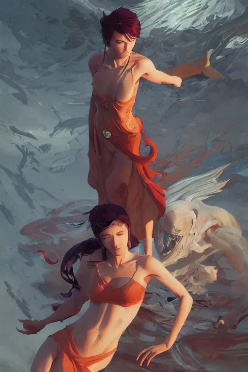 Prompt: lilith standing over the body of adam, tooth wu, dan mumford, beeple, wlop, rossdraws, james jean, marc simonetti, artstation giuseppe dangelico pino and michael garmash and rob rey and greg manchess and huang guangjian and makoto shinkai