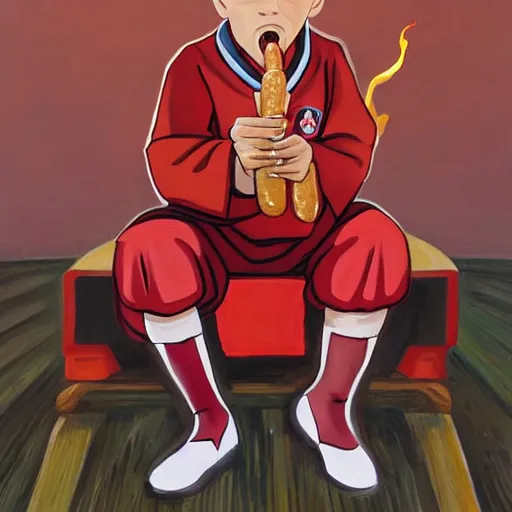 Prompt: a painting portrait of last airbender in an arsenal jersey eating a hot dog,