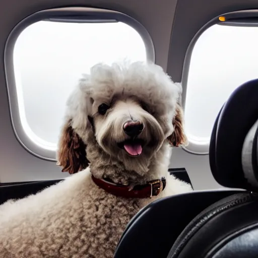 Prompt: a dapper miniature gray poodle in stockholm, on an airplane looking out of the window to a cloud filled sky, in an suv, with a golden doodle friend