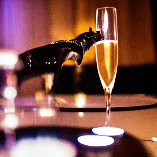 Prompt: a photo of a panther drinking expensive champagne in a fancy dark bar, mood lighting, f 1. 8, iso 1 6 0 0