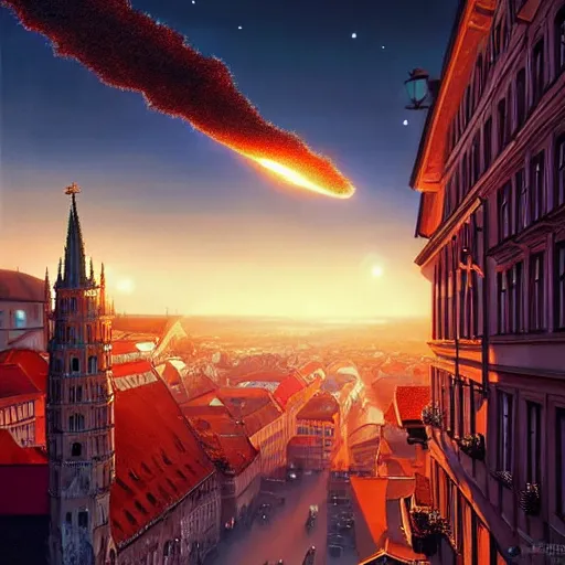 Image similar to , city of munich!!!, huge bright meteor falling from the skies!!!, people in panic!!, hyperrealistic, highly detailed, cinematic, golden sunlight, beautiful, cgssociety, artstation, 8 k, oil painting by greg rutkowski, by artgerm, by wlop