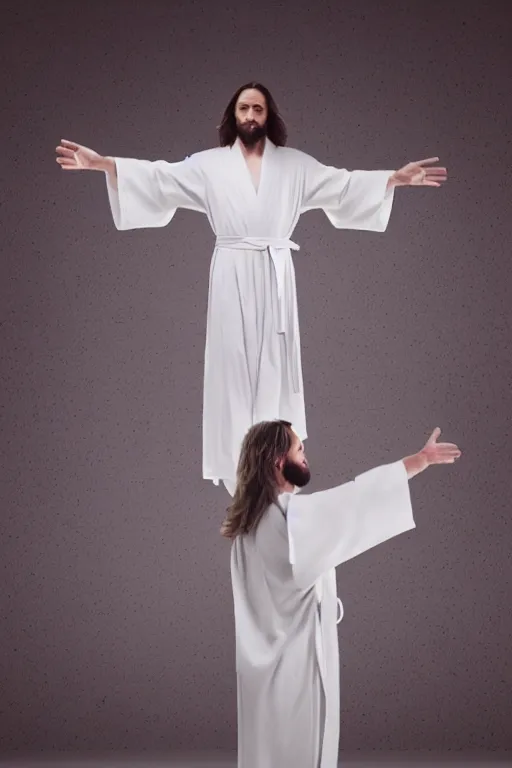 Image similar to jesus christ wearing a white robe strikes a dance pose in a hospital, intricate, hyper detailed, accent lighting, dramatic light, 4 k octane render