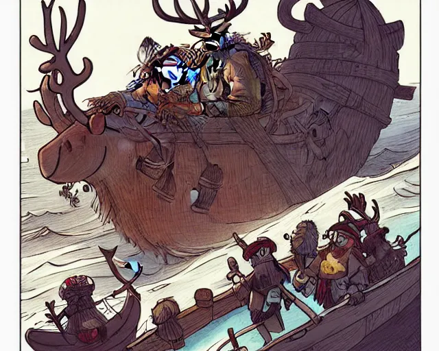 Image similar to cell shaded cartoon of a hairy chebo viking boarding a ship, a reindeer stands in the distance, subtle colors, post grunge, concept art by josan gonzales and wlop, by james jean, victo ngai, david rubin, mike mignola, deviantart, art by artgem