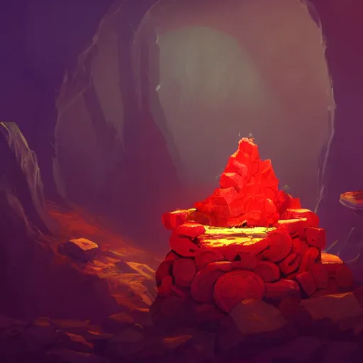 Prompt: a red ruby throne atop a mountain of gold coins and treasure, glowing in a dark cavern, concept art, fantasy, realistic, 8k, moody, atmospheric, artstation award