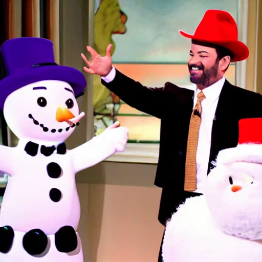 Prompt: Jimmy Kimmel interviewing Frosty the Snowman, tv show, television,