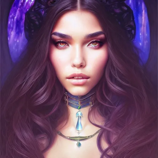 Prompt: madison beer as a fantasy magic woman portrait, sci - fi, amber eyes, face, long hair, fantasy, intricate, elegant, highly detailed, digital painting, artstation, concept art, smooth, sharp focus, illustration, art by artgerm and greg rutkowski and alphonse mucha