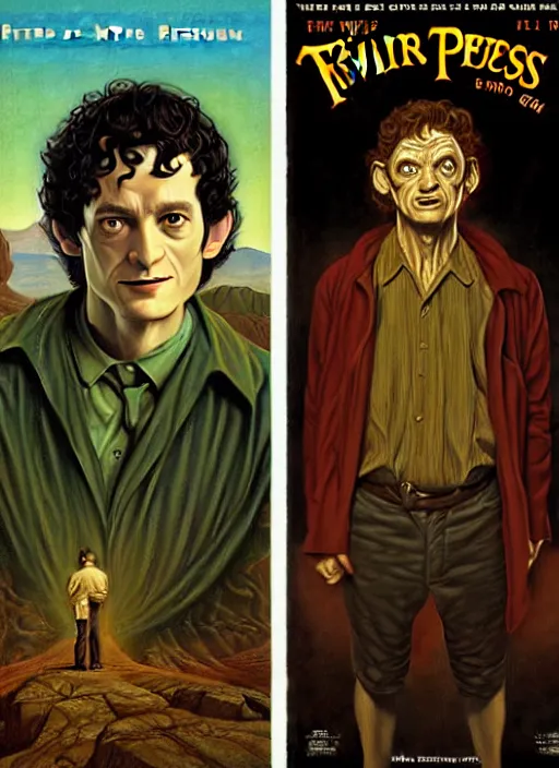 Image similar to twin peaks poster art, frodo baggins vs gollum, old retro pulp noir comic cover, by michael whelan, rossetti bouguereau, artgerm, retro, nostalgic, old fashioned