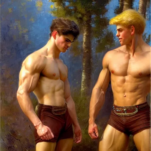 Prompt: attractive muscular male with brunet hair and attractive muscular male with blond hair. pants and shorts, riding bicycles in a competition, very defined, highly detailed painting by gaston bussiere, j. c. leyendecker, craig mullins 8 k