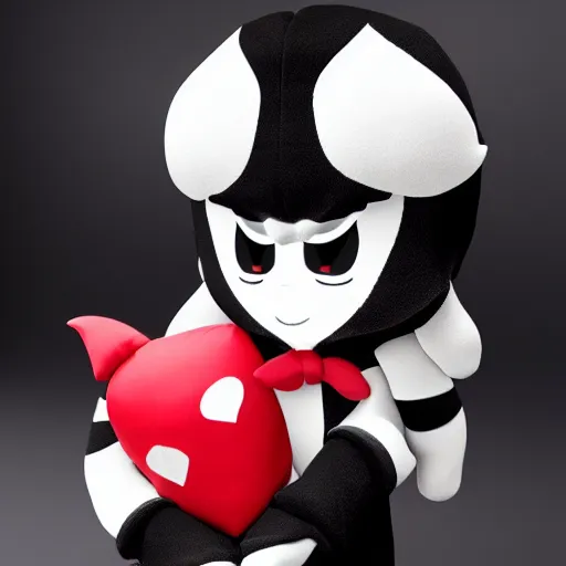 Prompt: cute fumo chibi plush imp, black and white with red hearts, mystery villain, midboss, soft shadow, vray, asymmetry