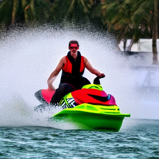 Image similar to (doctor Michael Morbius) riding a jet ski