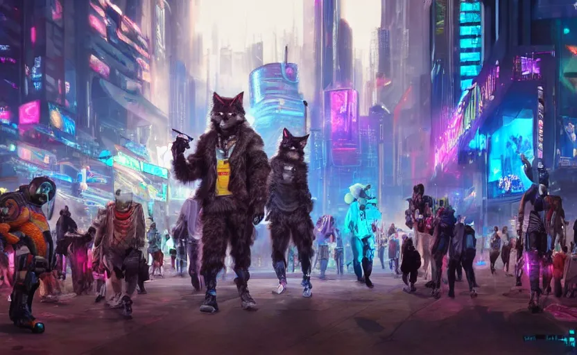 Image similar to high - resolution photograph from a cyberpunk era furry fandom convention ( midwest furfest 2 0 4 7 ), taking place after the genetic revolution and quantum singularity. photorealistic.