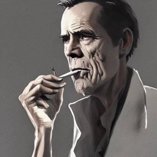 Image similar to a highly detailed epic cinematic concept art CG render digital painting artwork costume design: Henry Fonda as a 1950s tired poet, barefoot, smoking a cigarette. By Greg Rutkowski, Ilya Kuvshinov, WLOP, Stanley Artgerm Lau, Ruan Jia and Fenghua Zhong, trending on ArtStation, subtle muted cinematic colors, made in Maya, Blender and Photoshop, octane render, excellent composition, cinematic atmosphere, dynamic dramatic cinematic lighting, aesthetic, very inspirational, arthouse