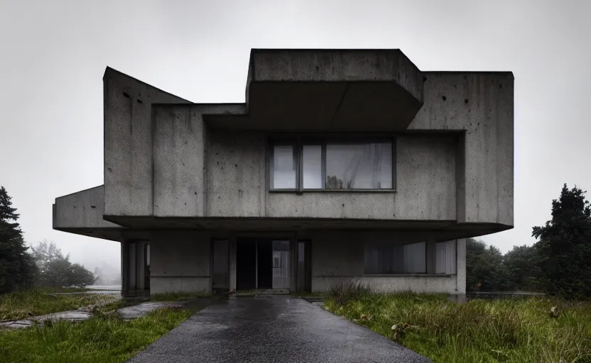 Prompt: a wide angle exterior shot of a brutalist architecture house with rainy and moody cinematic lighting by darek zabrocki and greg ruthkowski, alphonse mucha, simon stalenhag and cinematic and blue cold atmospheric, architectural visualization, archiviz, archdaily, deezen, design milk, archillect concept art, artstation, trending on artstation