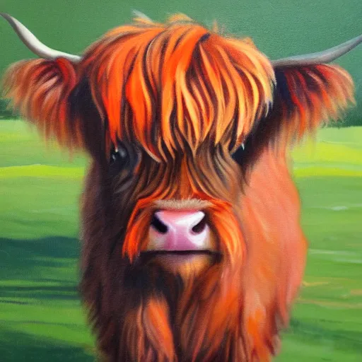 Image similar to cute baby scottish highland cow mucklecoo with long shaggy orange fur detailed painting 4k