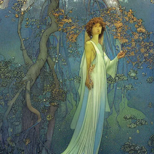 Prompt: Gaia looking down on Earth, ethereal glow, art by Moebius, Brian Froud, John Bauer, Alphonse Mucha