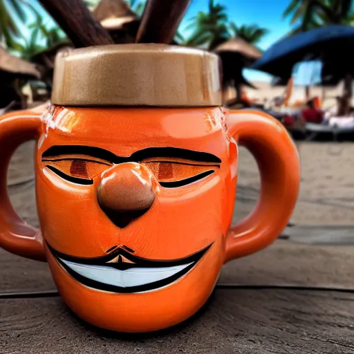 Image similar to a closeup photorealistic photograph of a glossy orange cat garfield style tiki mug sitting at a trader vic's beach bar featuring garfield's face. tiki theme. bright scene. fine detail. this 4 k hd image is trending on artstation, featured on behance, well - rendered, extra crisp, features intricate detail, epic composition and the style of unreal engine.