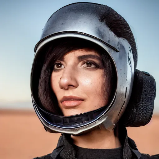 Image similar to photograph of a techwear woman, closeup, on a desert road with a futuristic city in the horizon, sigma 85mm f/1.4, 4k, depth of field, high resolution, 4k, 8k, hd, full color