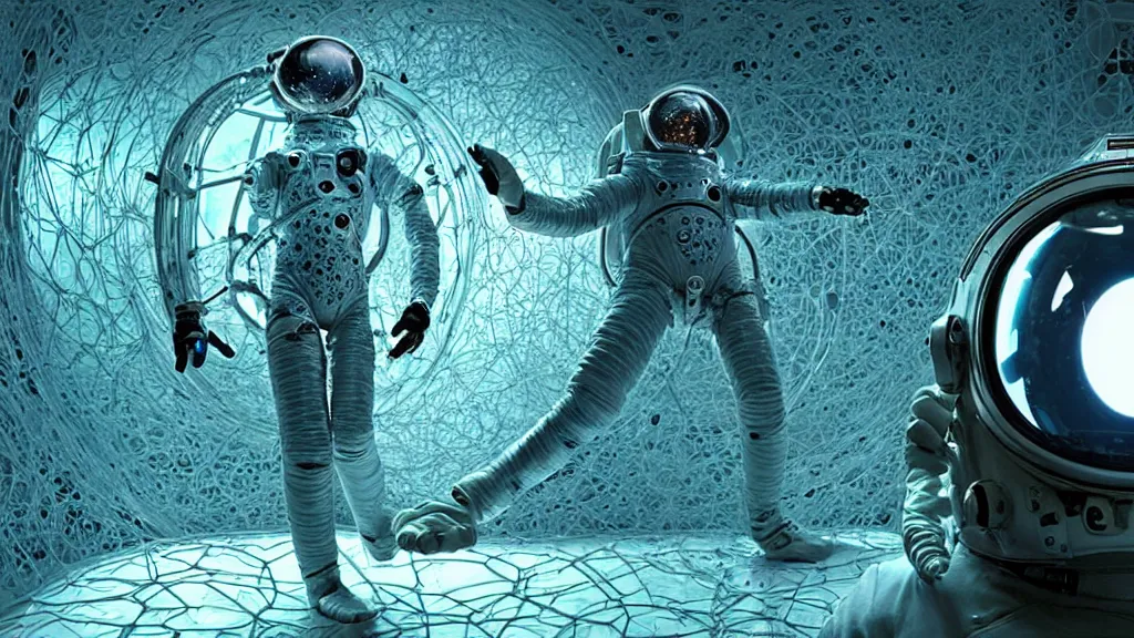 Image similar to a cybernetic symbiosis of a single astronaut eva suit swimming in infected with diamond 3d fractal lace iridescent bubble 3d skin covered with insectoid compound eye camera lenses floats through the living room, film still from the movie directed by Denis Villeneuve with art direction by Salvador Dalí, wide lens,