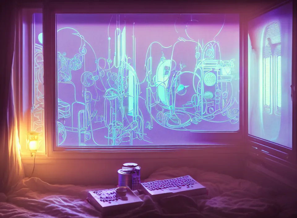 Image similar to telephoto 7 0 mm f / 2. 8 iso 2 0 0 photograph depicting the experience of calm in a cosy cluttered french sci - fi ( art nouveau ) cyberpunk apartment in a pastel dreamstate art cinema style. ( iridescent terrarium!, computer screens, window, leds, lamp, ( ( ( bed ) ) ) ), ambient light.