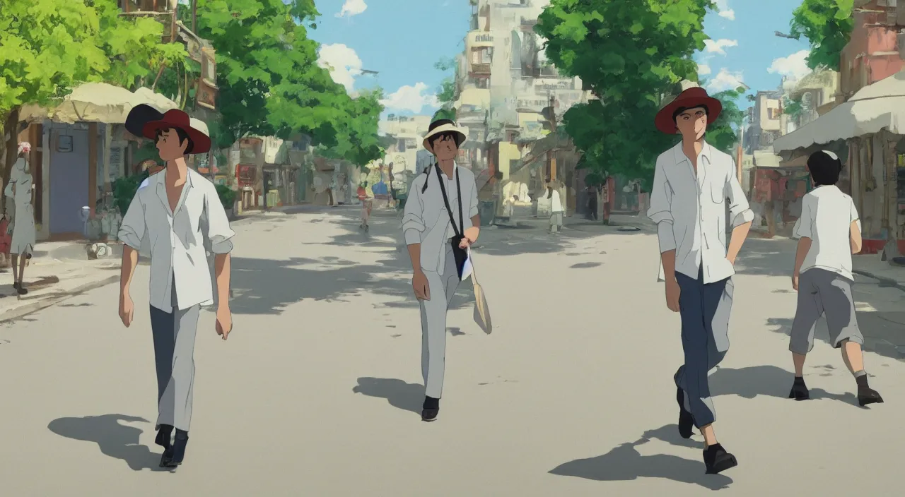 Image similar to a young man wearing a canotier cuban hat, crisp white linen shirt and slacks, leather boots, walking in a havanese stree in 1 9 0 0, genndy tartakovsky, atey ghailan, goro fujita, studio ghibli, rim light, mid morning lighting, clear focus, very coherent