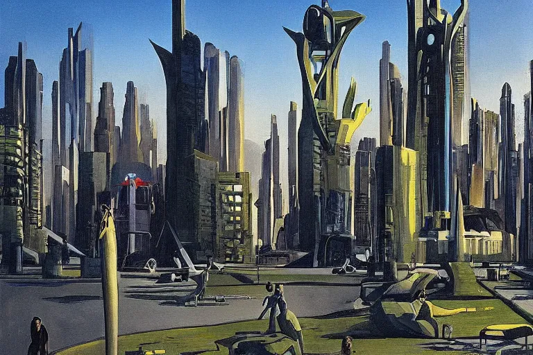 Image similar to city park surrounded by a tall defense wall. art in cyberpunk style by dali, and vincent di fate