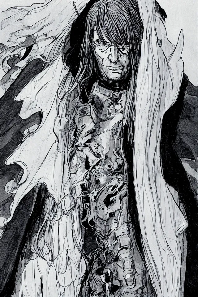 Prompt: a pale long-haired white man in a black latex acronym cape, in the style of moebius and ashley wood, character design, concept art