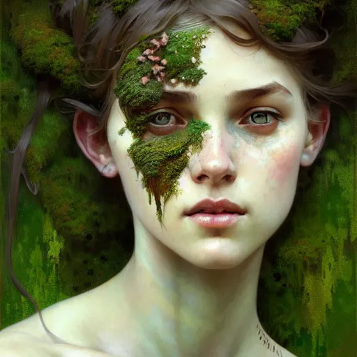 Prompt: A portrait of a girl covered in moss, face, intricate, elegant, highly detailed, digital painting, artstation, concept art, smooth, sharp focus, illustration, art by Krenz Cushart and Artem Demura and alphonse mucha