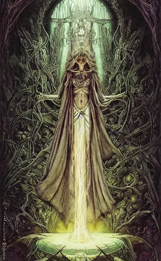 Image similar to a tarot card of a goddess in white robe, cinematic lighting, highly detailed, symmetric, concept art, masterpiece, fantasy art, hyperdetailed, hyperrealism, saturated colors, art by zdzistaw beksinski, arthur rackham, dariusz zawadzki, larry elmore