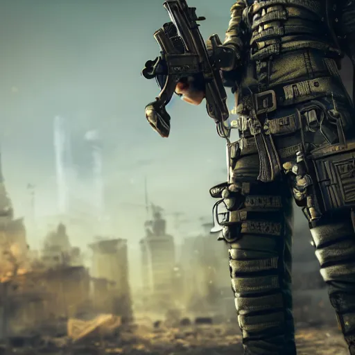 Prompt: detailed steampunk soldier with carrying a steampunk-cyberpunk energy rifle in his arms, standing in front of a dilapidated advanced city with citizens walking, 4k, Unreal Engine, octane render