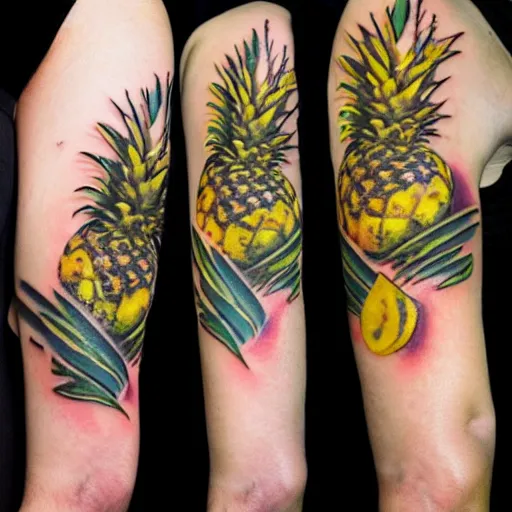 Image similar to a ripe luscious pineapple tattoo on an arm that's also edible. high resolution, 3 d, ue 5.