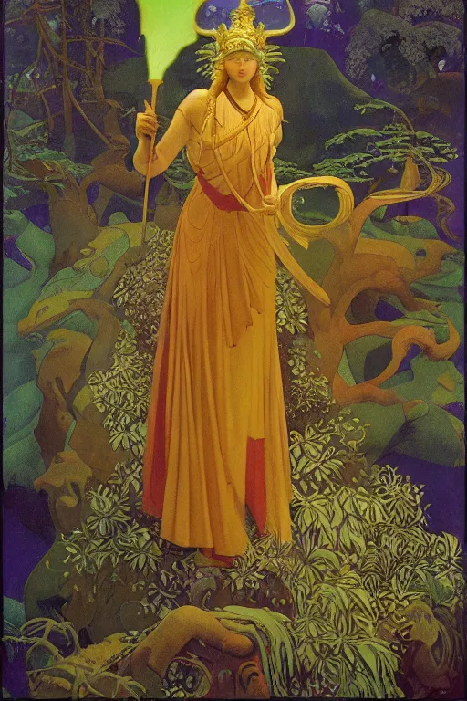 Image similar to lost queen of the forest with her scepter, by Nicholas Roerich and jean delville and Maxfield Parrish, dramatic cinematic lighting , ornate headdress , lost civilizations, extremely detailed, unreal engine