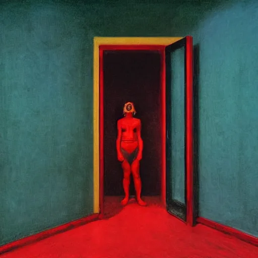 Image similar to a black and red demon lying in a blue and gold haunted liminal abandoned room, film still by edward hopper, by gottfried helnwein, by klimt, art noveau, highly detailed, strong lights, liminal, eerie, bright pastel colors,