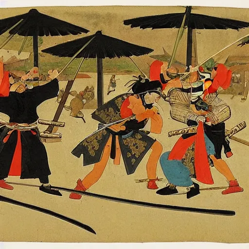 Prompt: samurai and ninja battle in style of bruegel