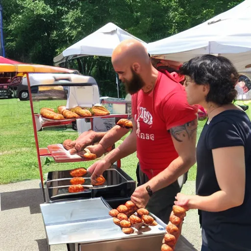 Prompt: Kratos running a hotdog stand in the summer