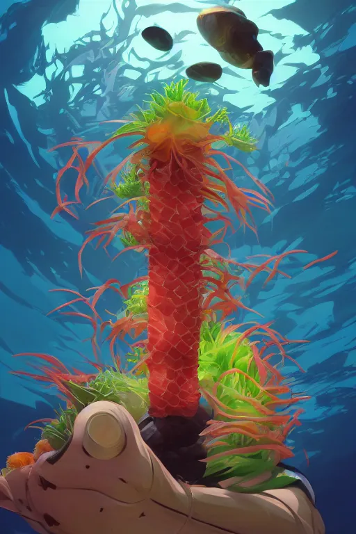 Image similar to 3 d render creature animal sushi cristal eye roots cactus elemental flush of force nature micro world fluo, art gta 5 cover, official fanart behance hd artstation by jesper ejsing, by rhads, makoto shinkai and lois van baarle, ilya kuvshinov, ossdraws