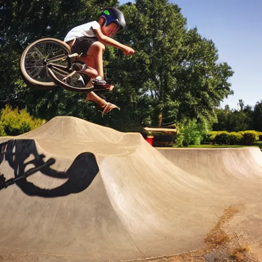 Prompt: kid jumping his bmx over a fire pit