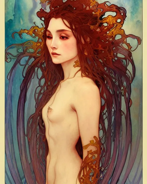 Image similar to Water priestess cloaked in ethereal fire and smoke, watercolor portrait by artgerm and alphonse mucha, anato finnstark, artstation, deviantart