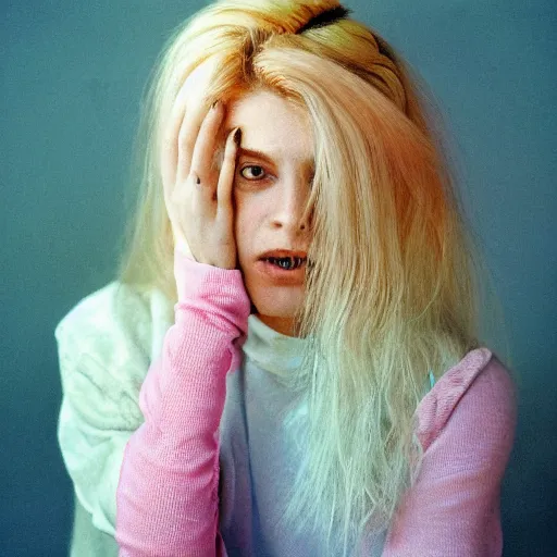 Image similar to HD portrait of a 23-year old woman with an enlightening, energetic aesthetic. wearing bright pastel colors. blond hair in a counter-culture style. A modern-day thaumaturge and theurgist of the Obrimos path. Portrait photography by Annie Leibovitz.