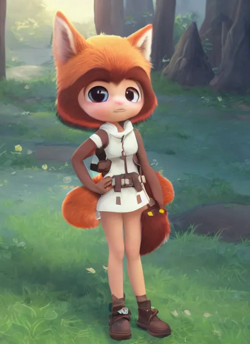 Image similar to female explorer mini cute girl, adoptable, highly detailed, rendered, ray - tracing, cgi animated, 3 d demo reel avatar, style of maple story and zootopia, maple story indiana jones, fluffy fox ears, dark skin, cool clothes, soft shade, soft lighting, portrait pose