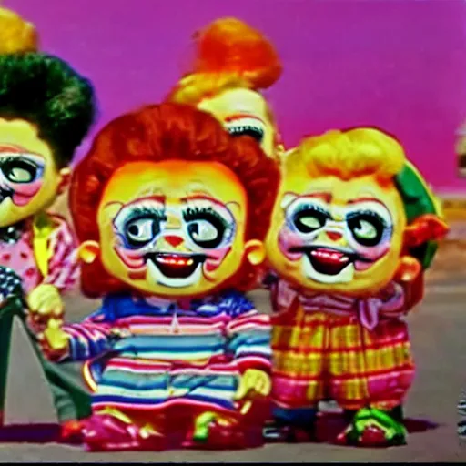 Image similar to garbage pail kids watching a gang of 1950s clown street performers,