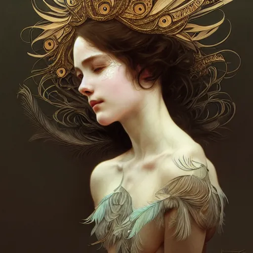 Image similar to Girl wearing an intricate mask made of delicate feathers, face, detailed, elegant, highly detailed, digital painting, artstation, concept art, smooth, sharp focus, illustration, art by Krenz Cushart and Artem Demura and alphonse mucha