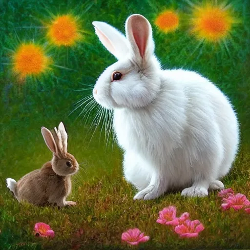 Image similar to The rabbit in the picture looks cute and playful. It has big, fluffy ears and a long, furry tail. Its fur is a light brown color, and its eyes are a bright blue. The background of the picture is a gentle green, and there are flowers blooming around the rabbit. The rabbit wears a floral crown. painted by Gabriel Dawe