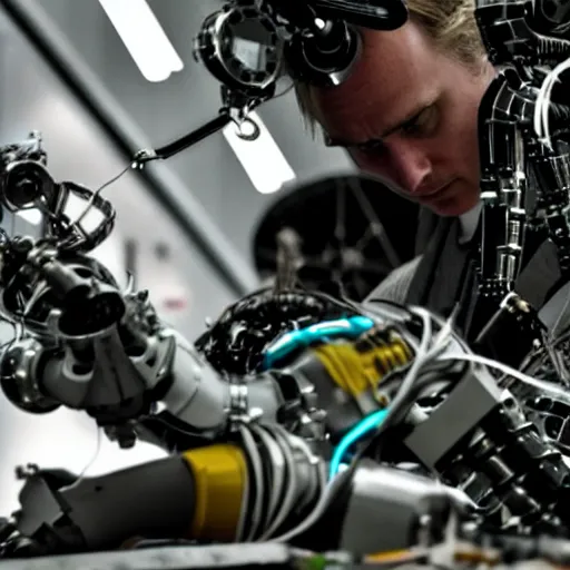 Image similar to close up shot in a cyborg repair factory, robotic arms fixing cyborgs, body parts, circuit boards, wires, biomech, by christopher nolan, panavision