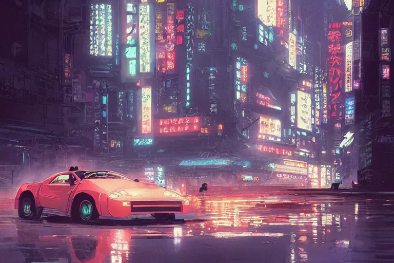 Image similar to akira cyberpunk autozam az - 1 drifting through tokyo at night by greg rutkowski makoto shinkai takashi takeuchi studio ghibli, akihiko yoshida