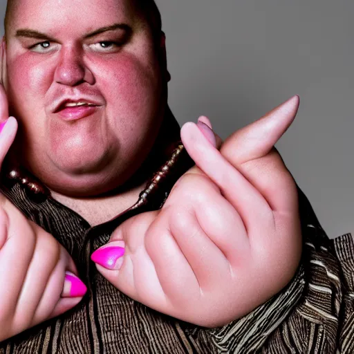Image similar to obese man with long pink stiletto nails, 4 k, 8 k, shot by jimmy nelson