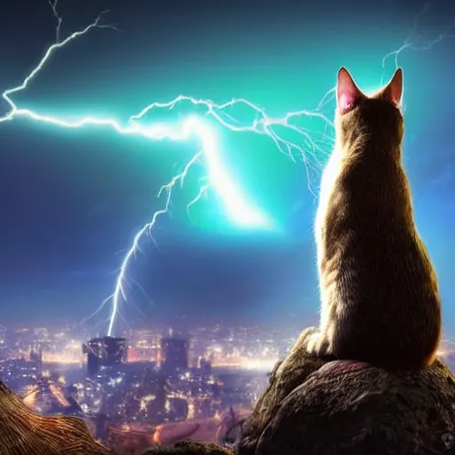 Prompt: a cat is sitting on a rock and looks at a total fallout city, while it is radioactive raining and a wild ghoul is coming nearby, there is a lightning which is purple, the cat is extrem realistic