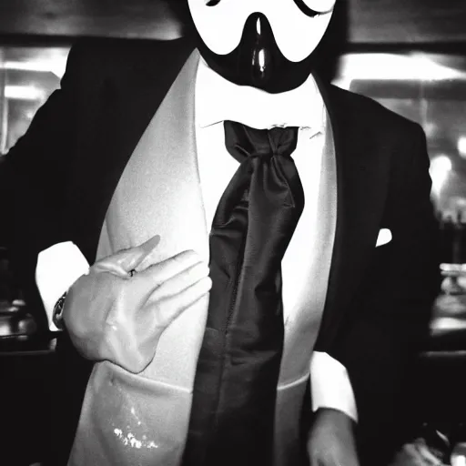 Image similar to photo of a man in a suit wearing a latex mask of a emperor penguin, at a nightclub, back photo