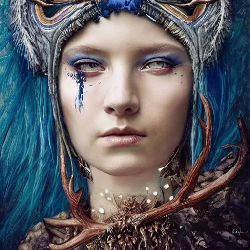 Prompt: a young female shaman, blue hair and antlers on her head. blindfolded, heilung, in the style of heather theurer, headshot photoshoot, insanely detailed and intricate, beautiful, elegant, cinematic toplight, portrait, headroom, artstation, karol bak, karol bak, karol bak