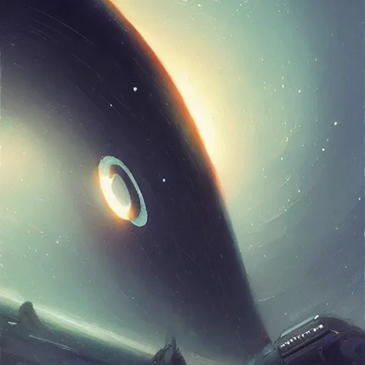 Prompt: “A beautiful painting of a spaceship travelling at the speed of light in the galaxy, black hole in distance, by Greg Rutkowski, light effect, very detailed, Trending on artstation”